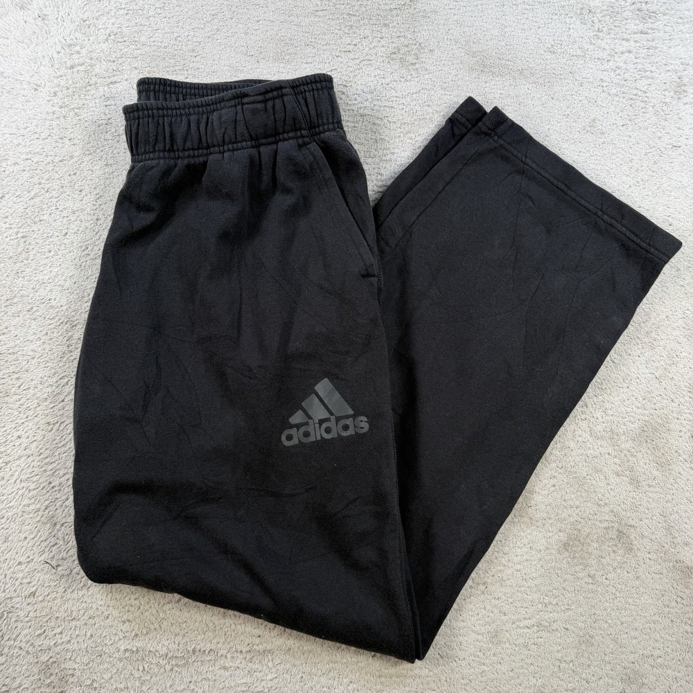 Adidas Sweatpants Men Large Black Fleece Drawstring Uncuffed Pocket Gym Straight
